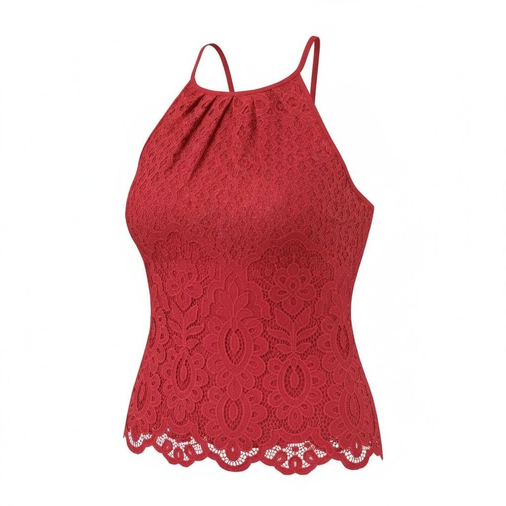Red Lace Sleeveless Halter Top Scalloped Hemline Fully Lined By Blue Rain Size M